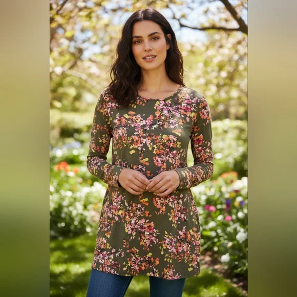 J. Jill Floral Watercolor Layered Tunic Top Size S Long Sleeve Cotton Blend WT53 - Picture 2 of 10